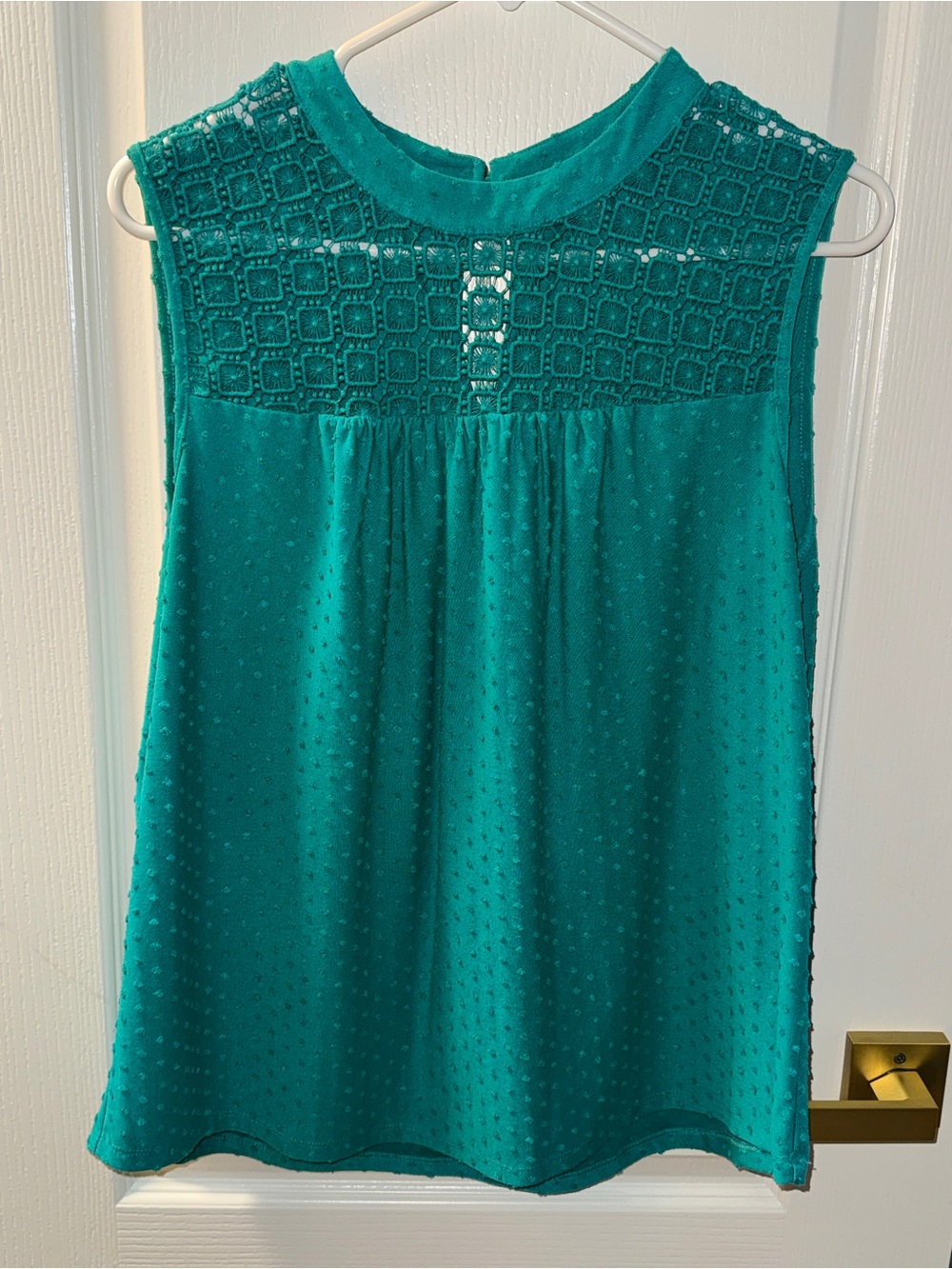 Daniel Rainn Teal Dot Swiss Lace Yoke Sleeveless Top